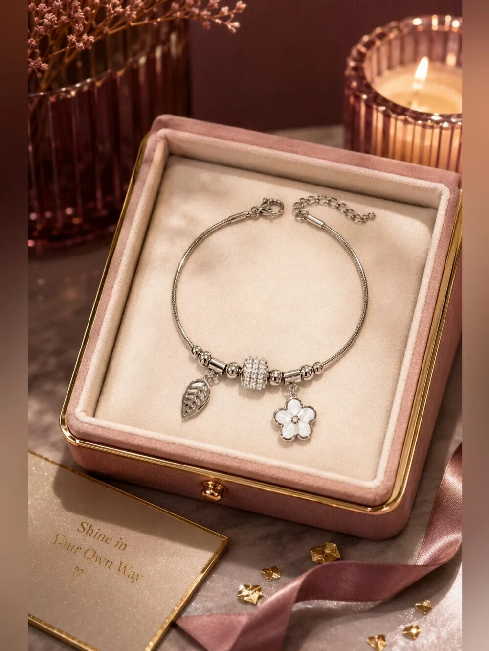 Silver Charm Bracelet with Crystal Bead, Flower & Leaf Charms | Adjustable Stain